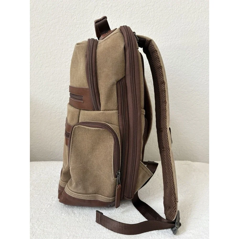 Renwick VTG Canvas Backpack Genuine Brown Leather Trim Multiple Pockets Utility